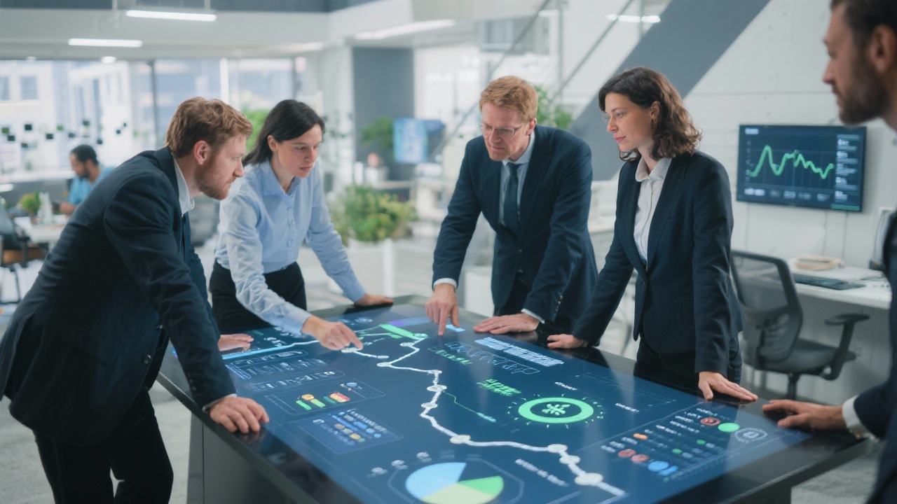 Consultants and clients co-developing strategic roadmap on interactive touch table, aligning sustainability metrics with financial objectives inside modern Frankfurt project space.