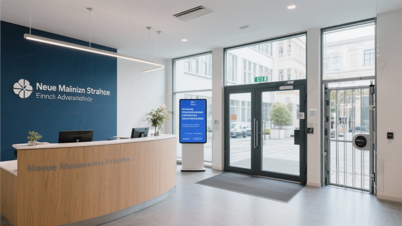 Interior photograph of Neue Mainzer Straße office lobby featuring reception desk, secure access gates, and digital signage welcoming visitors to financial advisory firm.