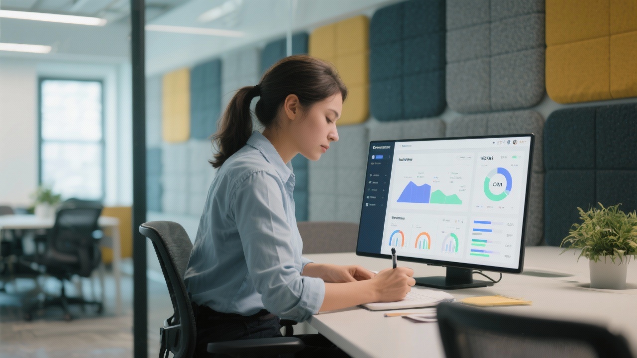 Support specialist writing notes while analyzing CRM dashboard for lead prioritization metrics in well-lit collaboration space with privacy-compliant acoustic panels.