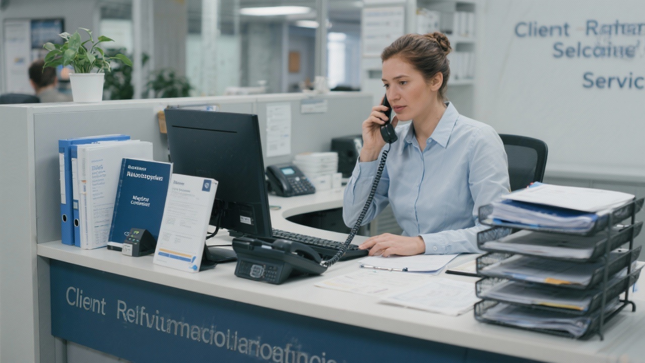 Client relationship manager answering phone inquiries at dedicated service desk equipped with compliance manuals, encrypted communication tools, and neatly organized documentation trays.